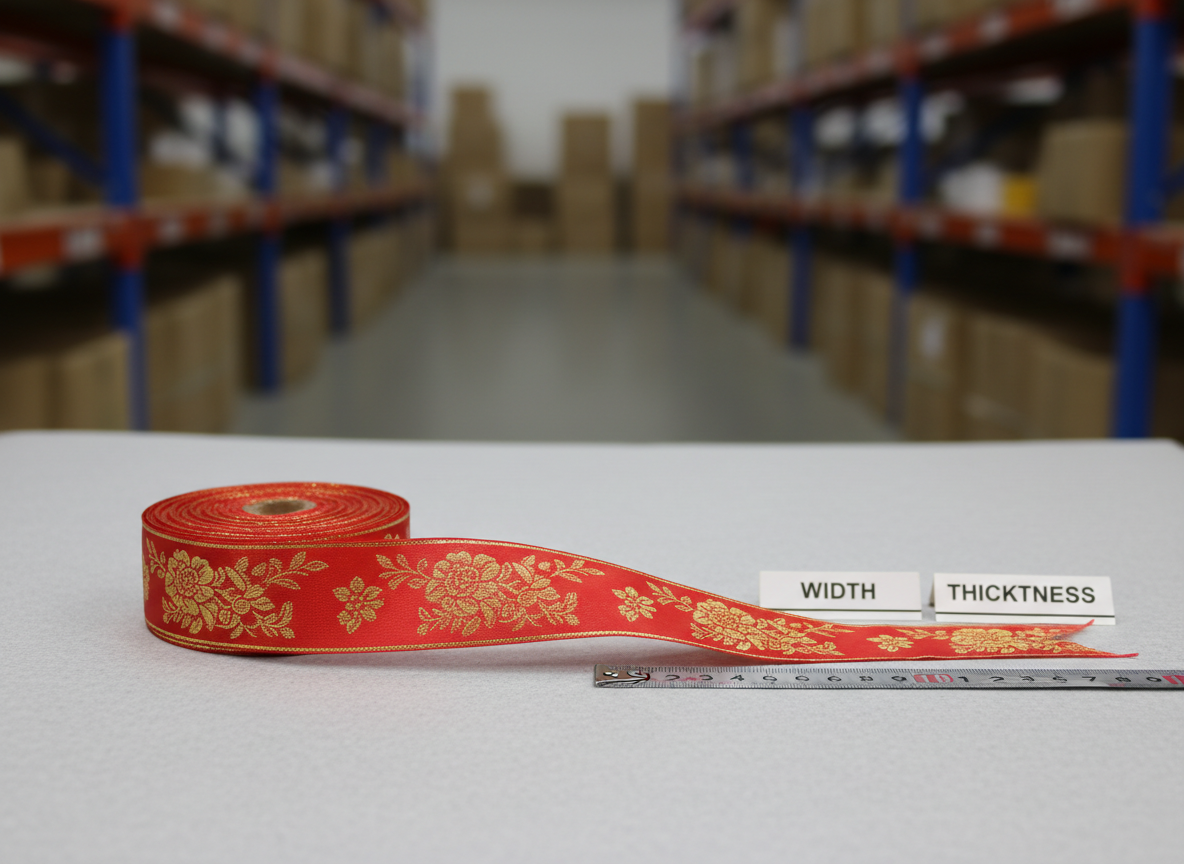 一卷展开的高光涤纶礼品丝带，主色为中国红和金色边线，质地平整细腻，印有精细连续的金色花纹。丝带整齐铺放在浅灰色无纹理样品台上，旁边摆放标示宽度和厚度的无字样卡片与金属量尺，暗示详细规格信息。背景是虚化的义乌外贸仓库货架轮廓。柔和的棚拍正面光配合侧面补光，突出丝带的光泽与织纹细节，营造专业、可信赖的B2B产品目录氛围，摄影写实风格，正视角中近景构图，画面干净简洁。